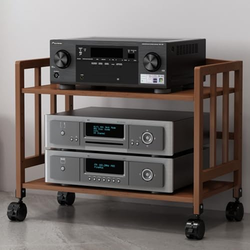 Audio Rack Hifi Regal 2 3 4 5 Stufiges Braunes Holz Audio Rack, Rollender AV-Medienhalter Für DVD-Player, Spielekonsole, TV-Box, WiFi-Router, Plattenspieler-Ständer Mit Verstellbarem Regal(Color:53cm/