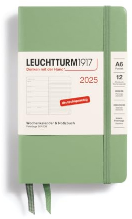 LEUCHTTURM1917 370501 Wochenkalender & Notizbuch Pocket (A6) 2025, Salbei, Deutsch
