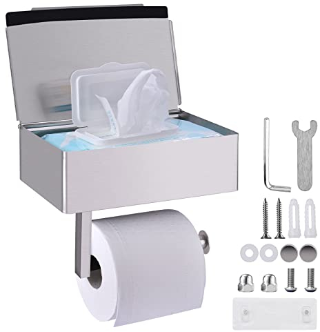 VISOOM Toilettenpapierhalter Ohne Bohren mit FDEchttücher Box, Klopapierhalter mit FDEchttücher Halter WC Papier Halterung mit Aufbewahrung Toilet Paper Holder Edelstahl für Toilette WC(Silber)
