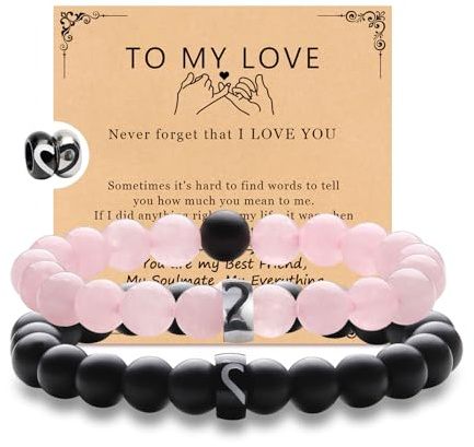 2-Stücke Paar Armbänder, Naturstein Matte Stein Kristall für Gelübde der ewigen Liebe, Energie Stein Perlen Armband Set Geschenke für Frauen Männer (Schwarz und Rosa)