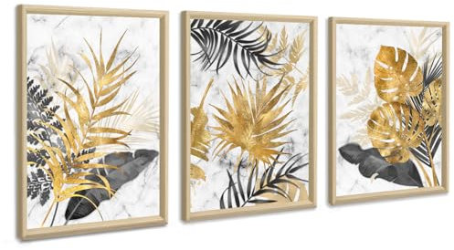 3Pcs Marco de madera Cuadros Decoracion Salon Modernos Mármol Oro Gris Hojas Cuadros Abstractos Pintura Lienzos decorativos Dormitorio Comedor Decoración de Pared Listo para colgar 30x40cmx3