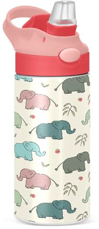 Sevdomey Bouteille d'eau Gourde Éléphant pour filles et garçons, bouteille d'eau isotherme anti-fuite en acier inoxydable de 350 ml avec paille pour école, crèche, voyage, sport