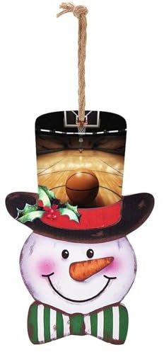 Christmas Snowman Wooden Sign, Basketball Print Festive Hanging Board for Home Decor, Front Door Ornament, Holiday Decoration