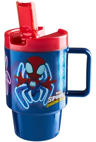 Get Trend Marvel Spiderman Barnflaska 500 ml med sugrör och handtag, BPA-fri, vattentät plastflaska, återanvändbar barnmugg, kalla drycker (spindelblå)