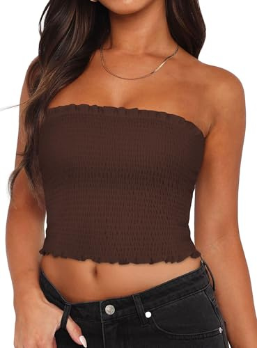 Tubes Tops d'été pour femme, dos nu, plissé, coupe ajustée, sans manches, marron, M