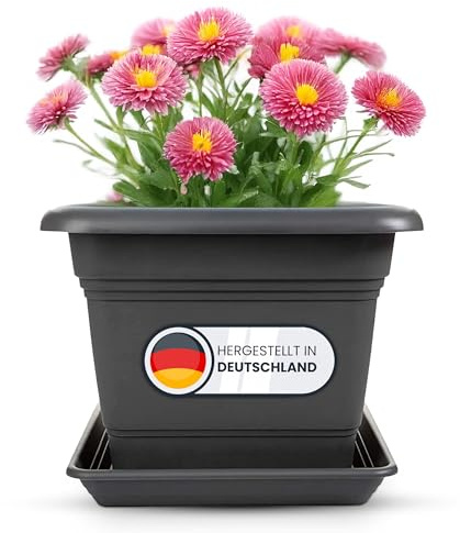 SUSTANIA 1er Set Blumentopf Gross mit Untersetzer 28x28 cm eckig, 16 Liter, Pflanzkübel Groß aussen, Tomaten Kübel Blumenkübel Pflanztopf, Made in Germany, Anthrazit