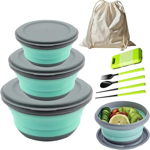 ZFFOZZ Juegos de Cuencos Plegables, Cuenco Portátil para Acampar con Tapa, Ensaladera Portátil, Lonchera Plegable para Acampar, Senderismo, Cocina y Escuela.(Green,H-3)