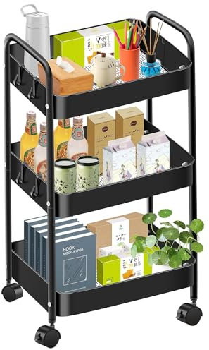 Mimoke Rollwagen – 3/4 Etagen Aufbewahrungstrolley mit 360°-Rädern für Küche, Bad, Büro, Schlafzimmer, mobil, robust, ideal zur Aufbewahrung von Utensilien, Snacks und Kosmetik (Schwarz, 3 Ebenen)