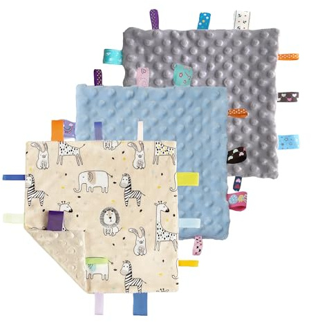CREVENT Tag Security Blankets for Babies, Soft Small Loveys for Boys, Baby Comforter Sensory Blanket, Great Gifts for Birthday Baby Shower (24X24cm Zoo + Blue + Grey)