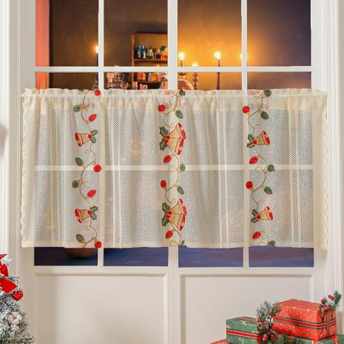 champracer Scheibengardine Küchengardinen Bistrogardine Weihnachten Scheibengardine Transparent Mit Stickerei KüChe Kurzgardinen für Kleine Fenster (140 * 60cm,D)