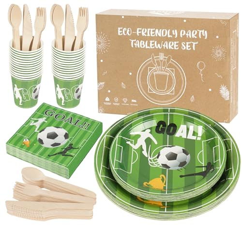 Anstore Platos De Cartón Fútbol, 200 Platos y Cubiertos Con Temática de FúTbol de Gol, Vajilla Duradera Para 25 Invitados Con Cuchara, Tenedor, Cuchillo, Servilletas, Vasos De Papel y Platos PráCticos