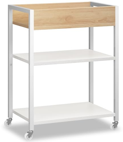 HOOBRO Carro de Servicio de 3 Niveles, Carrito con Barandilla, Carro de Cocina, Estantería de Comedor y Bar, 64 x 40 x 85 cm, para Restaurante, Salón, Bar, Blanco y Natural EWN64TC01