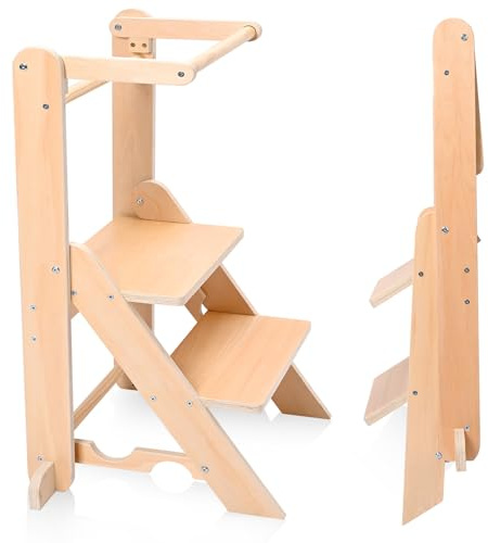 Torre de aprendizaje plegable para niños de 1 a 5 años, torre de aprendizaje de madera natural con 2 alturas ajustables, máx. 50 kg, taburete de cocina, torre de observación