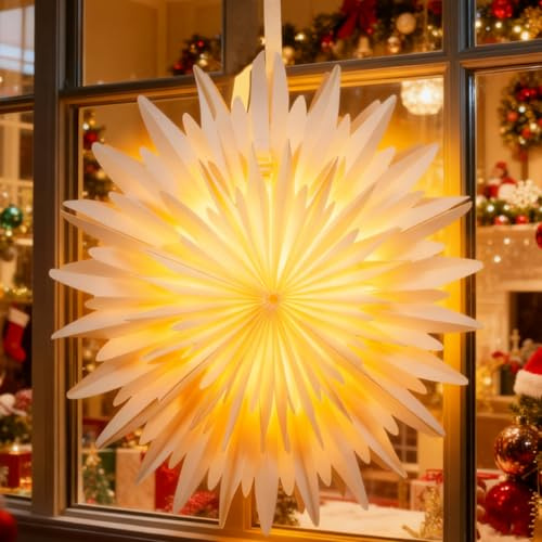 CIANBIFN Stella di Natale Illuminata a LED, Stelle di Natale Decorazioni Natalizie, Stella di Carta da Appendere, Catena Luminosa Natalizia, Decorazione Natalizia per Interni e Finestre, Ø42 cm Bianco