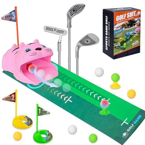 ASSRECT Set Mini Golf per Bambini con Mazze Retrattili & Restitutore Automatico Tigre, 3 Mazze, 8 Palline, Tappetino da Putting, Gioco Sportivo Interno/Esterno 3-8 Anni(Rosa)
