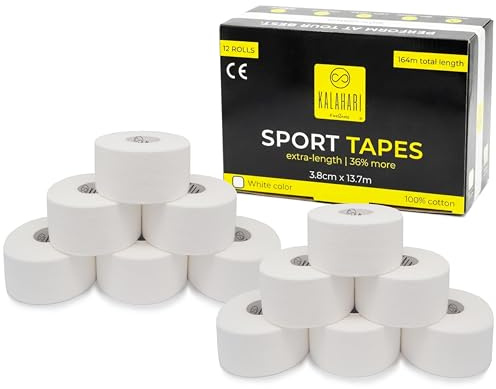 KALAHARI 12 rullar Sporttejp extra lång (totalt 164 m) Sportband, bandage, Fingertejp volleyboll, Fotboll, Klättring tejp, Handtejp. Sport tape, icke-elastisk, 100% bomull, vit - 3,8 cm x 13,7 m