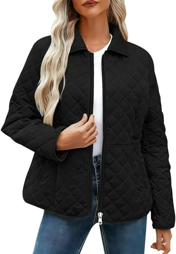 Dyhxuan Veste matelassée légère pour femme - Fermeture éclair - Veste de transition élégante - Revers - Manteau matelassé - Couleur unie - Veste d'automne à manches longues - Veste d'hiver avec poche