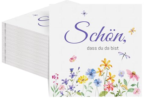 Aneco 120 Stück Servietten Hochzeit mit dem Spruch Schön, dass du da bist 33x33 cm Einweg-Papierservietten mit Blumen Motiv für Hochzeit, Geburtstag, Frühling, Tischdekoration