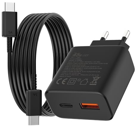 2 Pièces Chargeur USB C,45W 2-Port Charge Rapide Prise USB-C et USB-A mit 2m Type C Cavo pour Samsung Galaxy S25 Ultra, S25+,S24+,S24 Ultra,S23+,S23 Ultra,S22,S21,S10 S9 S8 A55 A54 Secteur Adaptateur