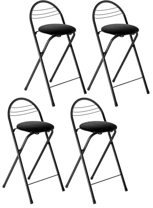 Amveya Set di 4 Sgabello Pieghevole in Metallo con Seduta in Morbido Velluto, Portatile Sedia Nera con Schienale e Poggiapiedi, Sgabelli da Bar, Cucina, Giardino, Altezza 60 cm