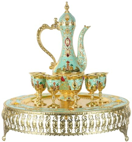 Angoily Service à Café Turc avec Théière et Cafetière Vintage Plateau et Tasses Décorées de Château Relief Ustensiles Métal pour Infusion de Vrac