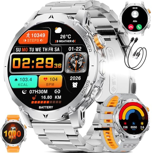 SUNKTA Orologio intelligente da uomo Militare 1000 mAh grande batteria 1,7 HD Bluetooth chiamate per iOS Android Smartwatch Sportive fitness,Monitoraggio della salute,sonno,3 braccialetti,Argento