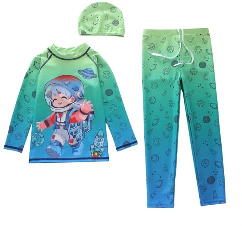 Costume da bagno da ragazzo 2026 ad alta elasticità e rashguard per ragazzi, ideale per piscina e spiaggia, asciugatura rapida, costume da bagno protezione solare UV, Verde chiaro, 9-10 Anni