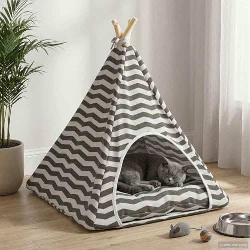 sephironlbb Haustier-Tipi mit Kissen Weiß und Grau 60 x 60 x 70 cm, Polyester Katzenbett mit Kissen, Indoor Rückzugsort für Katzen und Hunde, waschbar, gemütlicher Schlafplatz, modernes Design
