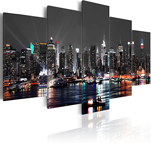 B&D XXL - Quadro New York 200x100 cm 5 Pezzi Stampa su tela XXL Immagini Moderni Murale Fotografia Grafica Decorazione da parete Quadri Componibili NY Città di Notte Architettura d-A-0022-b-n