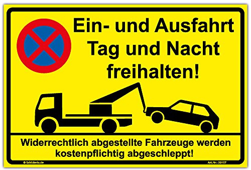 Schild Ein und Ausfahrt Tag und Nacht freihalten Hinweisschild 600x400mm gelb, stabile Aluminiumverbundplatte 3mm stark