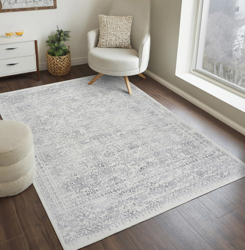 Livabliss Marrakech Vintage Teppich groß - Orientalischer Teppich Wohnzimmer 200x274 cm, Esszimmer, Schlafzimmer - Boho Kurzflor Teppiche für einfache Pflege - Mittelgrau und Creme