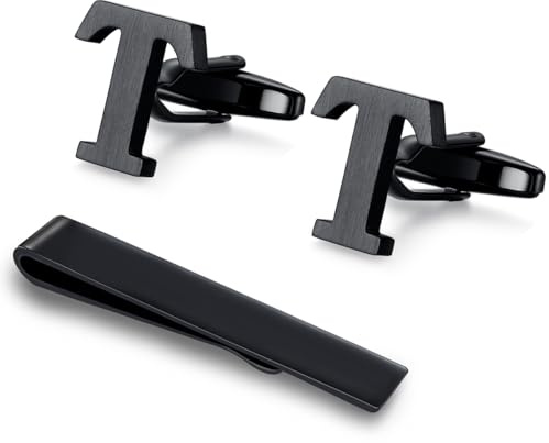 HONEY BEAR manschettenknöpfe & krawattennadel Krawattenklammer Set Initialen Buchstabe Herren Edelstahl Hochzeit Cufflinks Manschettenknopf Schwarz (T)