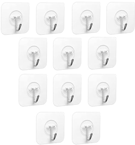PaiLeWei Clear Plastic Adhesive Hooks - 12 Pcs Self Adhesive Wall Hook 5Kg (Max) for Bathroom, Kitchen Utensils, Towel, Key and Plug