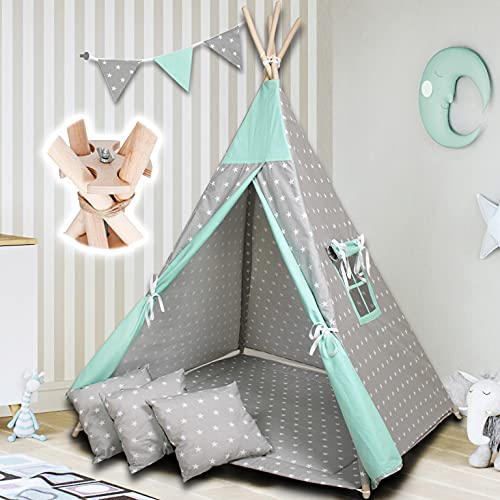 PaLulli Tipi Spielzelt für Kinder mit Matte & Anti-Kollaps-System & 4 Dekokissen Baumwolle- Segeltuch Kinderzelt (Stars Mint)