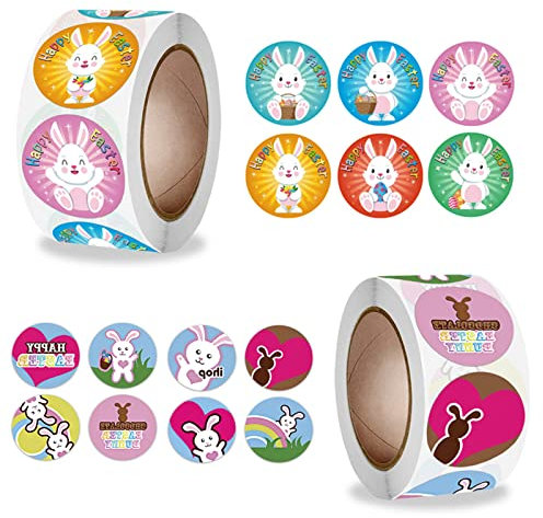 Tuofang Easter Sticker Roll, 1000 Stück Osteraufkleber, Ostereier und Hasenaufkleber, 16 Muster Oster Kinder Aufkleber, Ostern Dekorationen, für Kunsthandwerk oder Geschenkverpackungen (C)