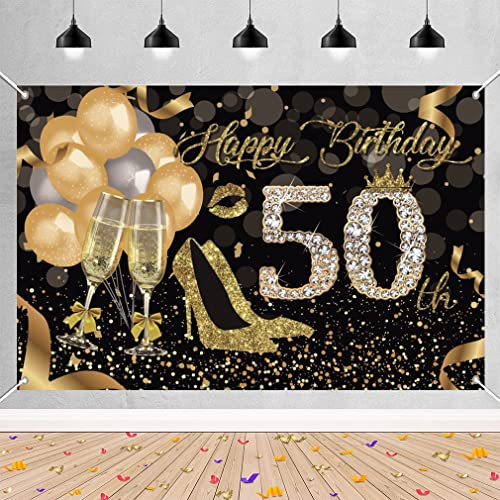 50. Geburtstag Party Dekoration Geburtstagsdeko für Damen/Frauen, Happy 50 Birthday Banner Stoff Schild Photo Booth Hintergrund für 50. Geburtstagsparty