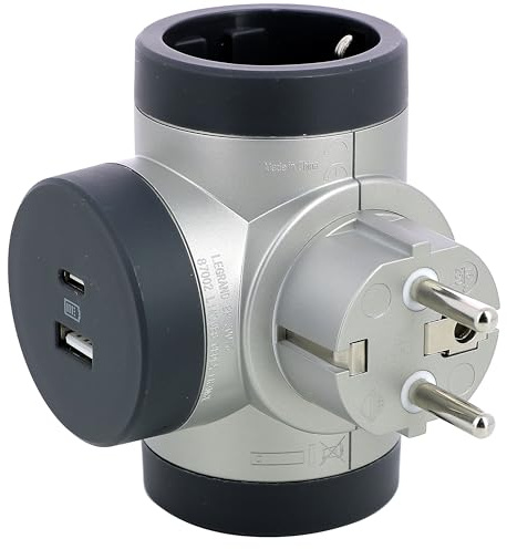 LEGRAND Adaptadores 2P+T, con 2 Tomas Laterales Giratorias, Puertos USB tipo A y C, Ladron de enchufes, Color Aluminio/gris oscuro 694522