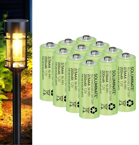 SOLUMINATE™ Rechargeable 2/3AAA Solar Light Batteries 1.2V NiMH (12-Pack) | Designed for use in outdoor garden solar lights. Tiny size 2/3-AAA 30mm x 10.5mm. Shorter than AAA. Latest NiMH. A UK brand.