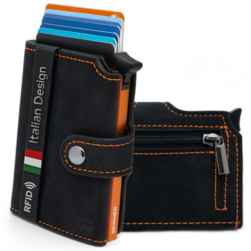 BEWMER v2 Kartenetui mit RFID-Schutz & Anti-Cloning - Damen & Herren Geldbörse mit Münzfach & Platz für 9 Kreditkarten | Kunstleder Portemonnaie Herren & Damen mit Clipverschluss | Schwarz-Orange