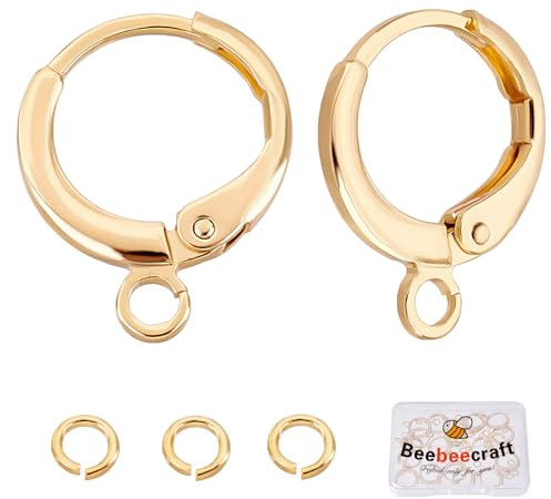 Beebeecraft 20Pcs/Box Round Earring Hooks 18K Gold Plated Leverback Hoop Earring with Loop 14.5x11.5mm French Ear Wires with 4mm Jump Ring for DIY Jewellery Making Crafts