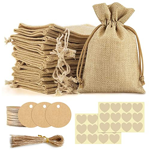 FINEVERNEK 24pcs Bolsas de Yute con Cordón 9x12cm, Bolsas de Yute para Regalos, bolsas de Lino y Cáñamo, para Joyería Regalo de Boda DIY Artesanía Embalaje, Saco Navidad, Saco Carbón