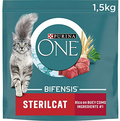 PURINA ONE Bifensis, Pienso para Gato Esterilizado Adulto, Comida Seca para Gatos con Buey y Trigo, Pack de 6 Bolsas de 1.5 kg