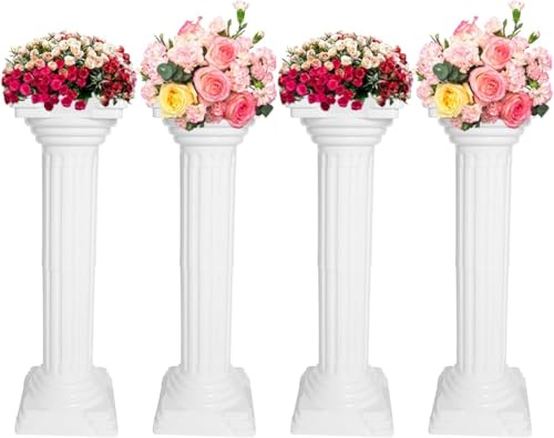 Elegant 4Pcs Roman Column Set - 34 Inch Plastic Greek Column Statues with Flower Pot Pedestal Stands for Wedding Decoration