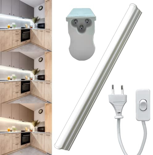 MAKA Barra Led Sottopensile Cucina Lampada con Interruttore e Presa Elettrica da 1.5 mt Luce Luminosa Naturale Calda Fredda Accessori per Fissaggio Fascio180° in Alluminio (12W - 60CM, 6500K)