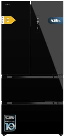 Cecotec Frigorífico Puerta Francesa 436L - Bolero CoolMarket FD 436 Black Glass E. 183cm Alto y 83,6cm Ancho, Compresor Inverter Plus, Total No Frost, Alarma Puerta Abierta, Fast Cooling y Freezing