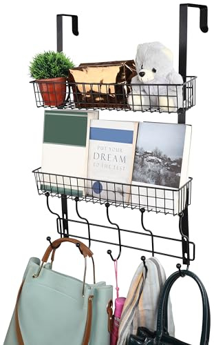 BELLE VOUS Organizer Bad Türhaken zum Einhängen - Robustes Schwarzes Badregal Hängend aus Eisen mit 5 Haken & 2 Netzkörben - Türorganizer Hängeorganizer für Bad, Küche für Handtücher, Kleidung & Mehr