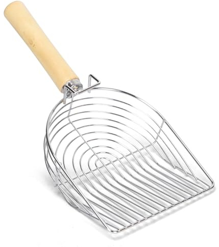 Nobleza Metal Cat Litter Scoop Non Stick Litter Scooper Fast Sifter with Wooden Handle Deep Shovel Pet Easy Cleaning Tool, Suitable for Clumping Litter, Silver Color.