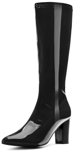 Perphy GoGo Boot Patent Leather Chunky Heels Black Knee High Boots for Women 9 M US