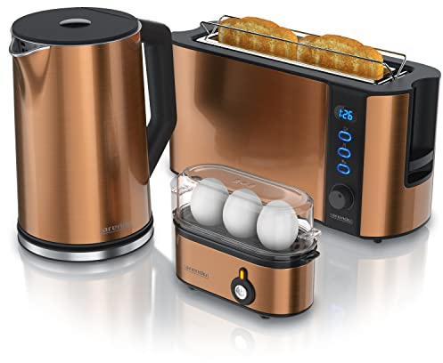 Ensembles Bouilloire et grille-pain et cuiseur à oeufs, Bouilloire en inox 1,5L 40°-100°C, Grille-pain 2 Tranches, Ecran LED 6 niveaux de brunissage Cuiseur à oeufs 1-3 oeufs, Verre doseur, cuivre