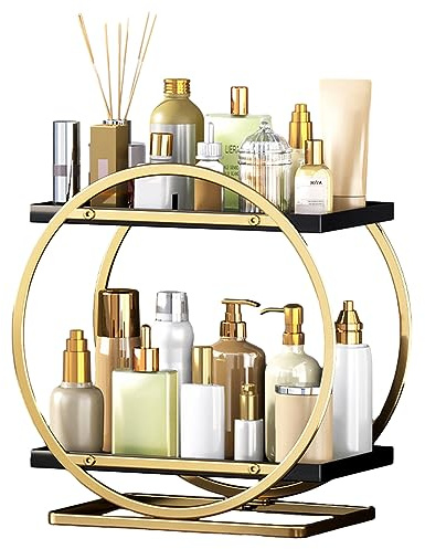 Make-up-Organizer für Schminktisch, 2-stöckig, Badezimmer-Arbeitsplatten | Metall, Goldfarben, Modern, Kosmetik-Aufbewahrungsregal, Parfüm-Organizer für Schlafzimmer, Kommode
